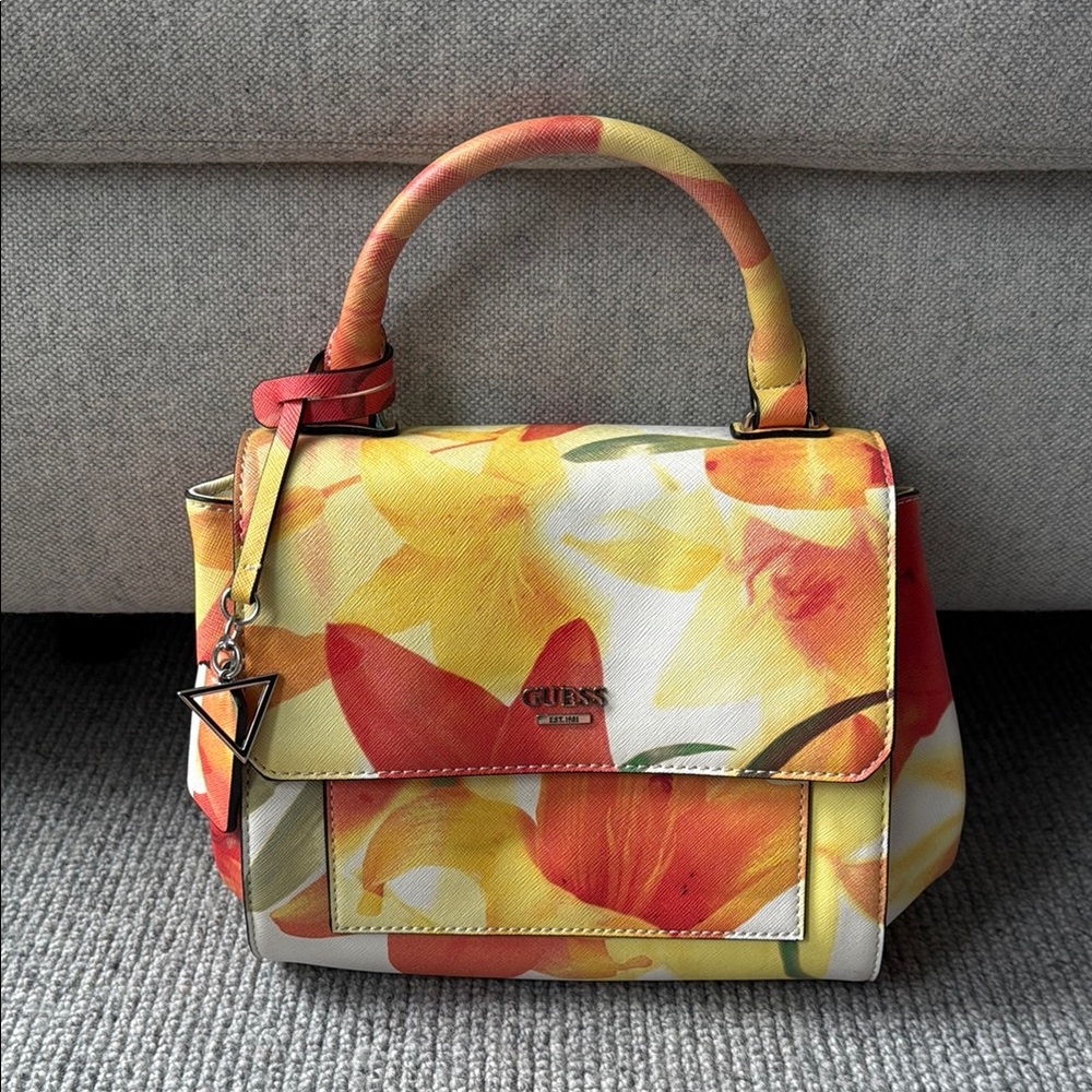 GUESS Purse Satchel Handbag Cross Body Floral Yellow Red